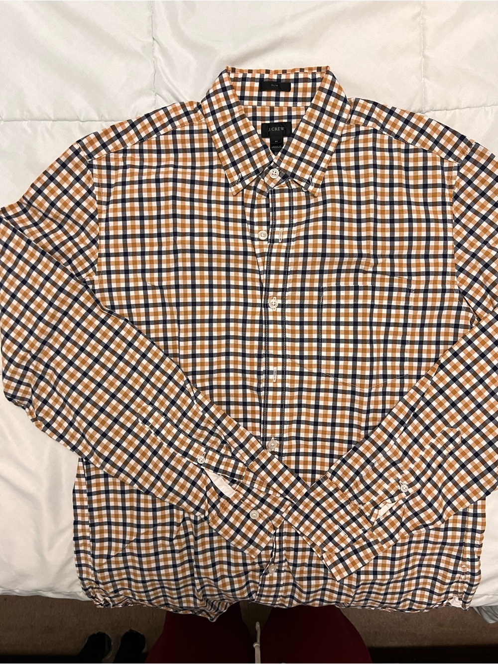 J. Crew Men's Orange and Navy Plaid Button-Down Shirt